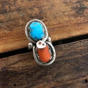 EFFIE C Zuni Turquoise and Coral Snake Ring